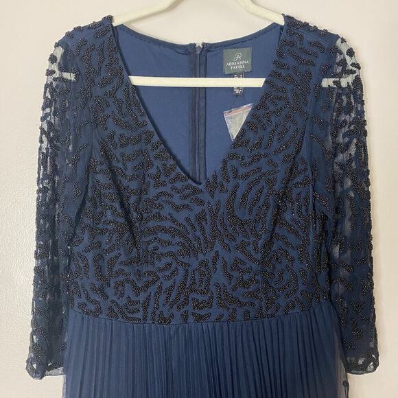NWT ADRIANNA PAPELL DRESS BEADED LONG FORMAL MAXI EVENING NAVY BLUE FLOWY GOWN - Picture 9 of 16
